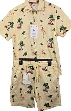 D&F Men 2 Piece Set Small Beige Tropical Christmas Santa Flamingo Shirt Shorts